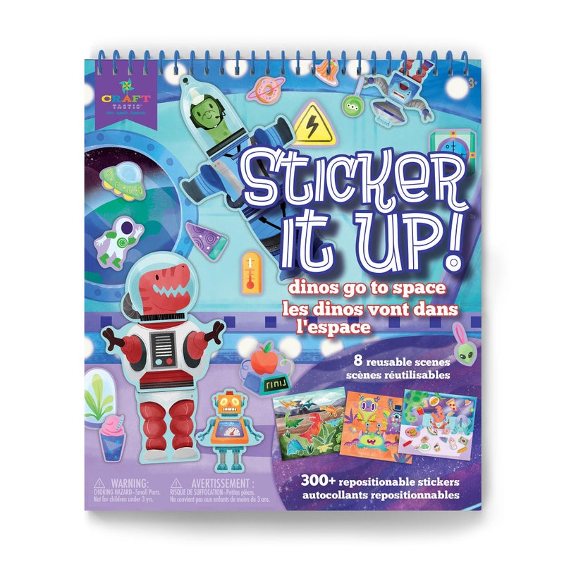 Craft Tastic Sticker It Up! - Dinos Go to Space - Repositionable Stickers with 8 Backgrounds & Over 300 Stickers - Mess Free and Travel Friendly for Kids Ages 3 and Up - Image 1